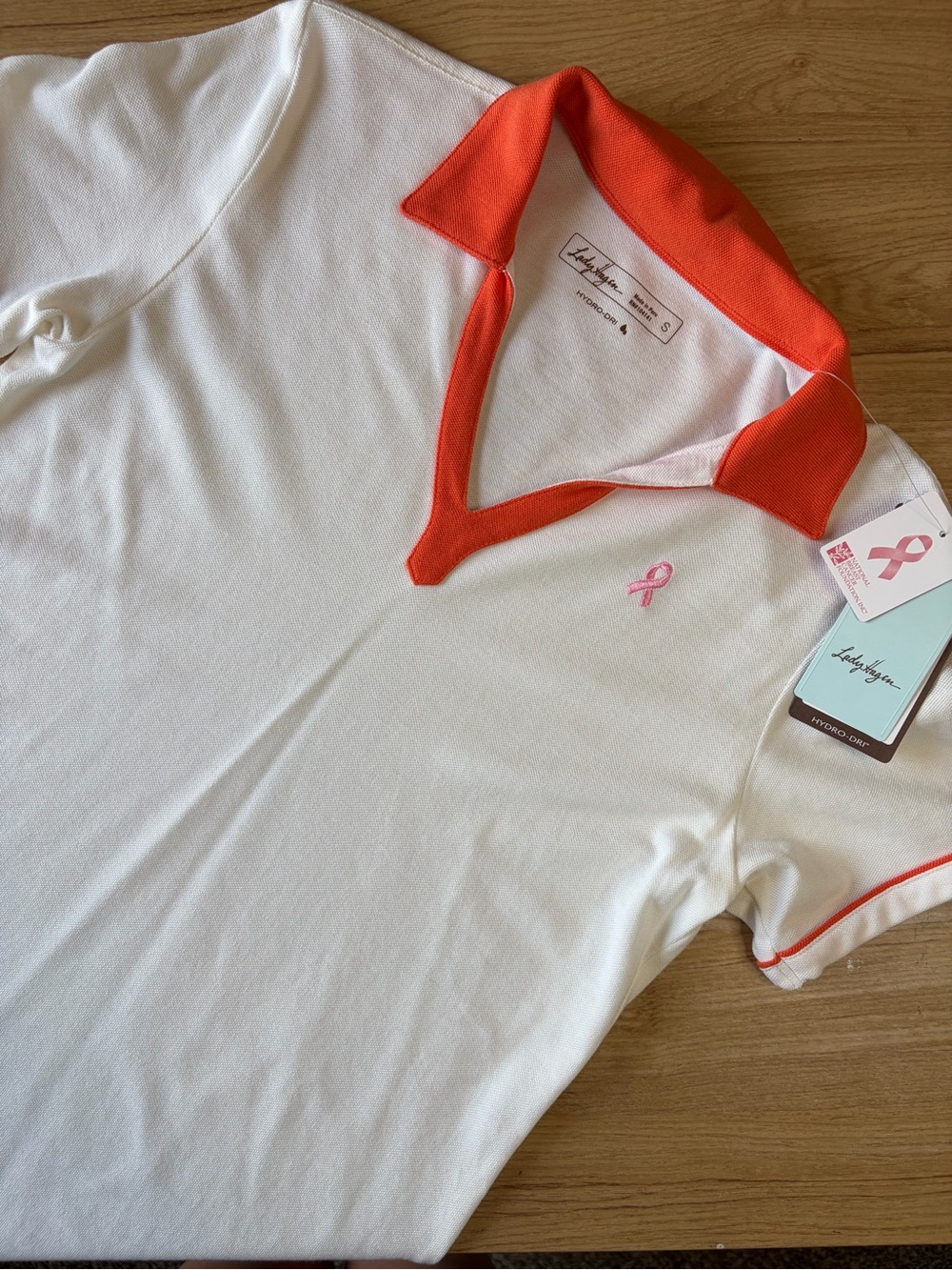 Lady Hagen Golf Polo Shirt White Tigerlily Pink Ribbon Breast Cancer Small BNWT